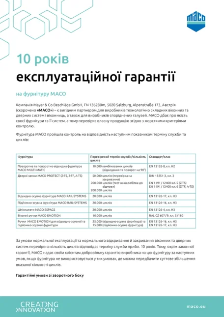 10 лет эксплуатационной гарантии на фурнитуру MACO
